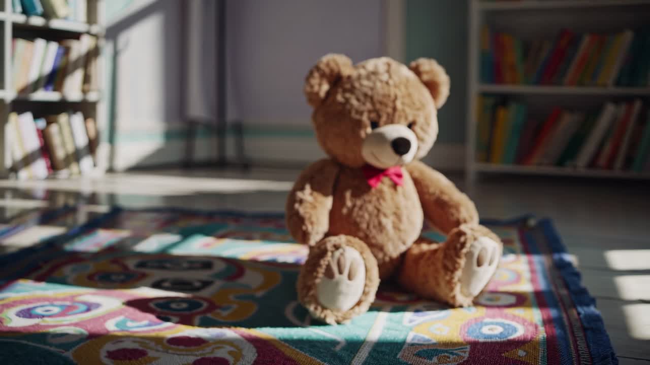 Um vídeo aconchegante apresentando um ursinho de pelúcia macio em um tapete colorido em uma sala ensolarada, capturando um ambiente acolhedor