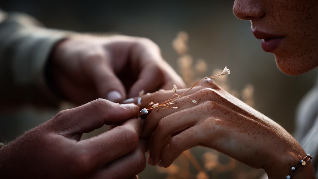 Intimate Moment of Connection: A Close-up of Two Hands Tenderly Intertwining Nature’s Touch through Delicate Flowers and Rings, Celebrating Emotion and Togetherness