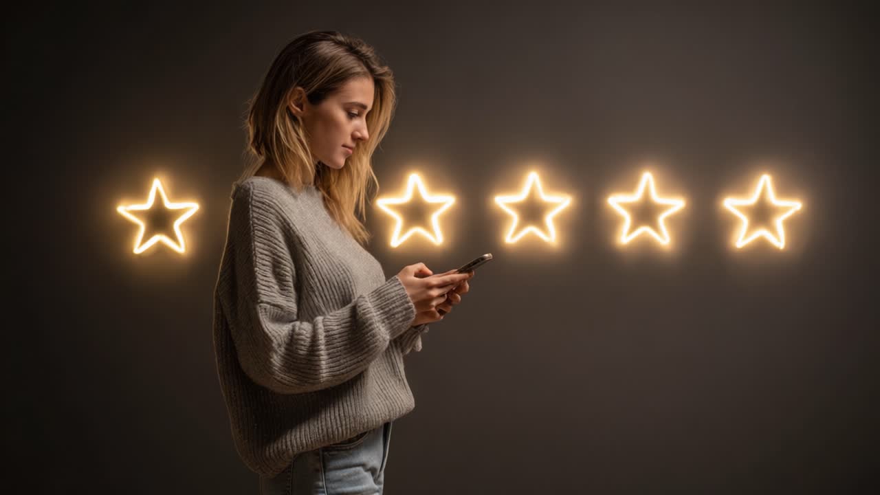 A thoughtful young woman evaluates feedback while holding her smartphone, illuminated by glowing star ratings in a modern artistic setting for a contemporary digital experience