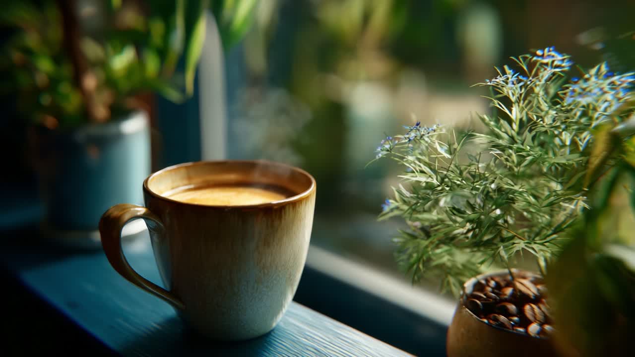 A Tranquil Morning Coffee Scene Featuring a Warm Mug and Lush Greenery on a Sunlit Windowsill, Evoking Calmness and Relaxation in Nature's Embrace