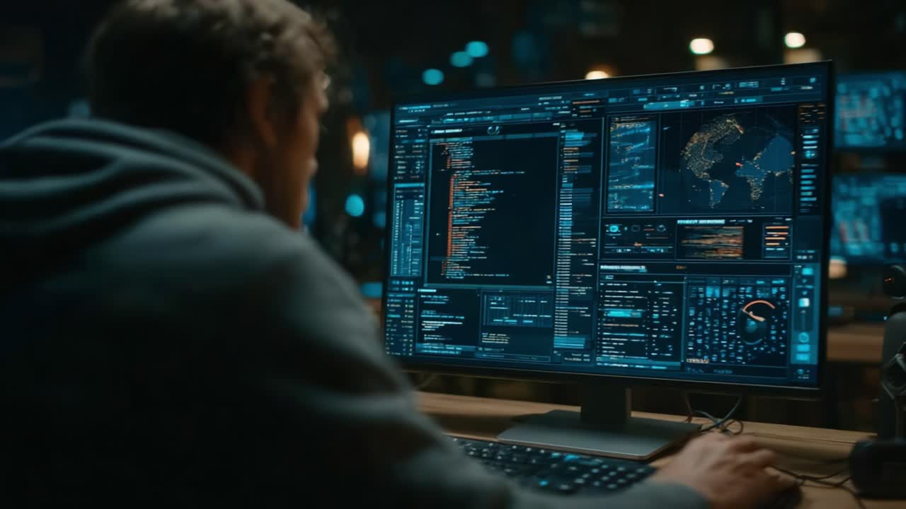 A focused programmer meticulously analyzes complex code and data visualizations on a high-tech monitor in a dimly lit workspace, embodying the essence of modern technology and coding culture