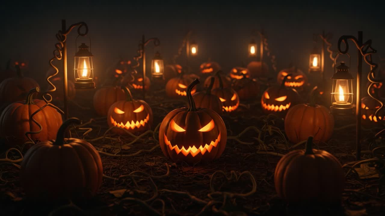 A Spooky Halloween Scene with Illuminated Pumpkin Lanterns in a Foggy Atmosphere, Perfect for Celebrating the Holiday Spirit and Creating a Haunting Vibe