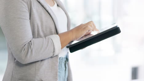 business woman, hands and tablet in office