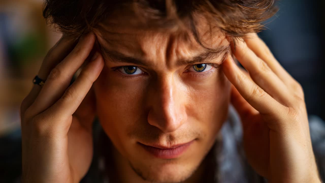 Intense Focus: A Young Man's Expression of Concentration and Stress Captured in Close-Up, Highlighting Emotion and Intriguing Details of Facial Features
