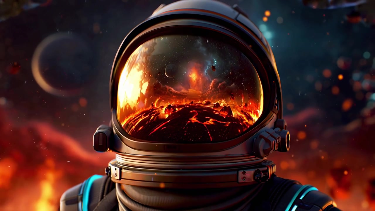 Astronaut i rumdragt, der reflekterer en brændende vulkansk fremmed planet