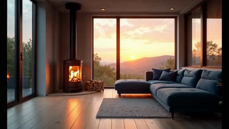 modernes wohnzimmer mit blick auf den berg und den sonnenuntergang