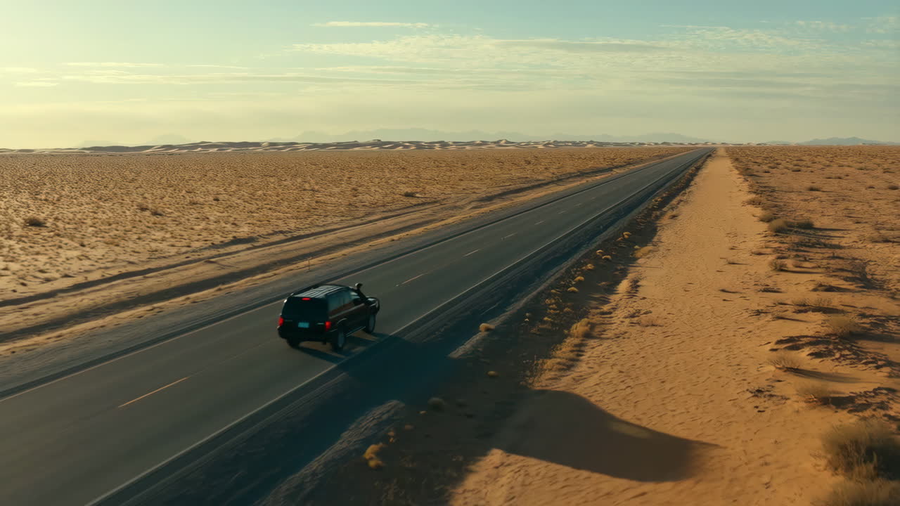 SUV nero che percorre una lunga strada nel deserto