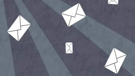 animación de los iconos de correo electrónico del sobre que caen sobre rayas grises rotativas que se mueven en un bucle sin costuras