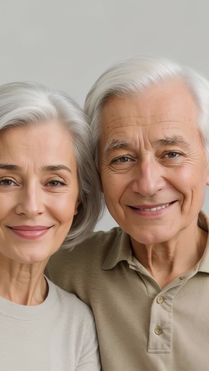 Vertical video: Lowering eyelids, opening into smiles, senior couple sharing warm gaze in studio