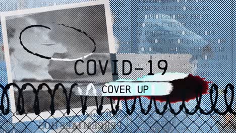 covid-19 cover up text banner and barber wire over team of surgeons performing surgery at hospital