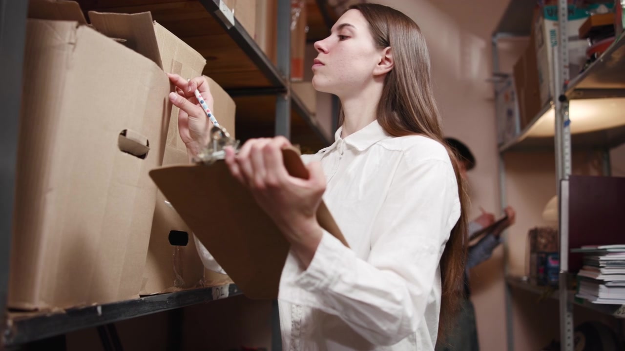 Young woman in a white shirt stands between metal shelves and stacked cardboard boxes, checking inventory on a clipboard under warm indoor light