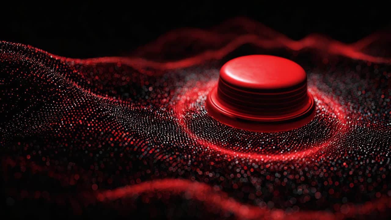 A Close-up of a Vibrant Red Button Surrounded by Flowing Waves of Dots, Creating a Striking Visual Contrast Against a Mysterious Black Background in a Modern Digital Setting