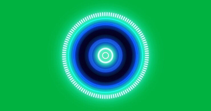 Animation of blue and green scope scanning and spinning on black background
