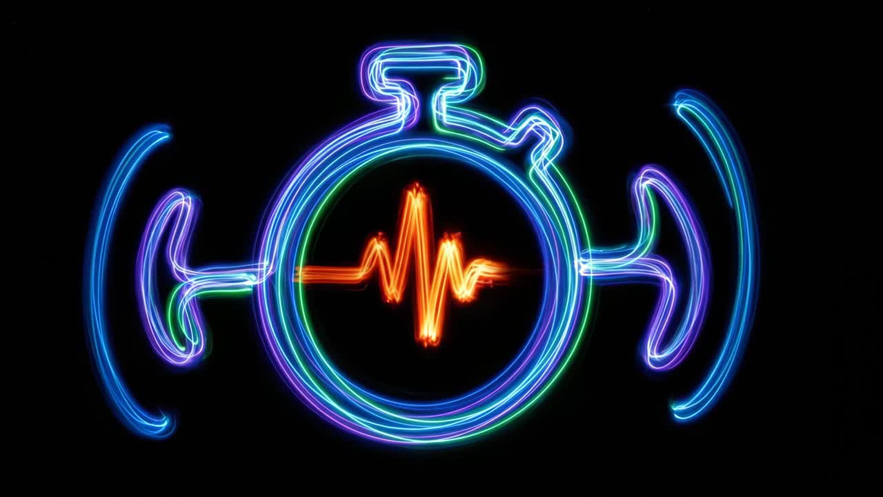 Geanimeerde lichtschildering van stopwatch met pulserende hartslagmeter