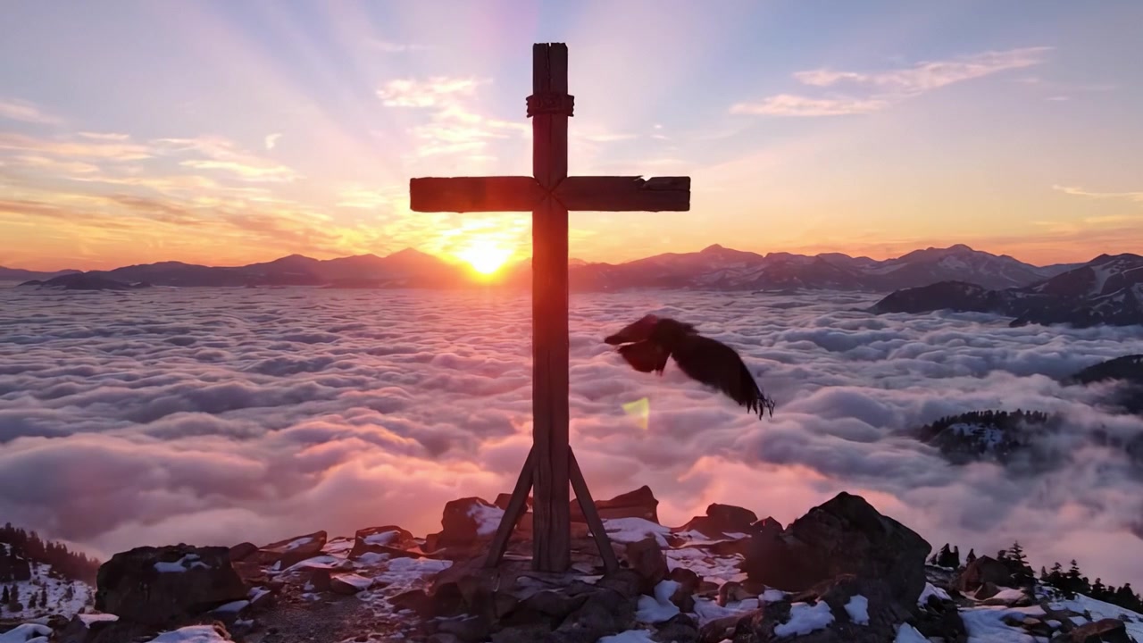 En rolig solnedgang over fjellene der et kors står høyt blant skyene: Et vakkert øyeblikk fanget i naturens prakt.
