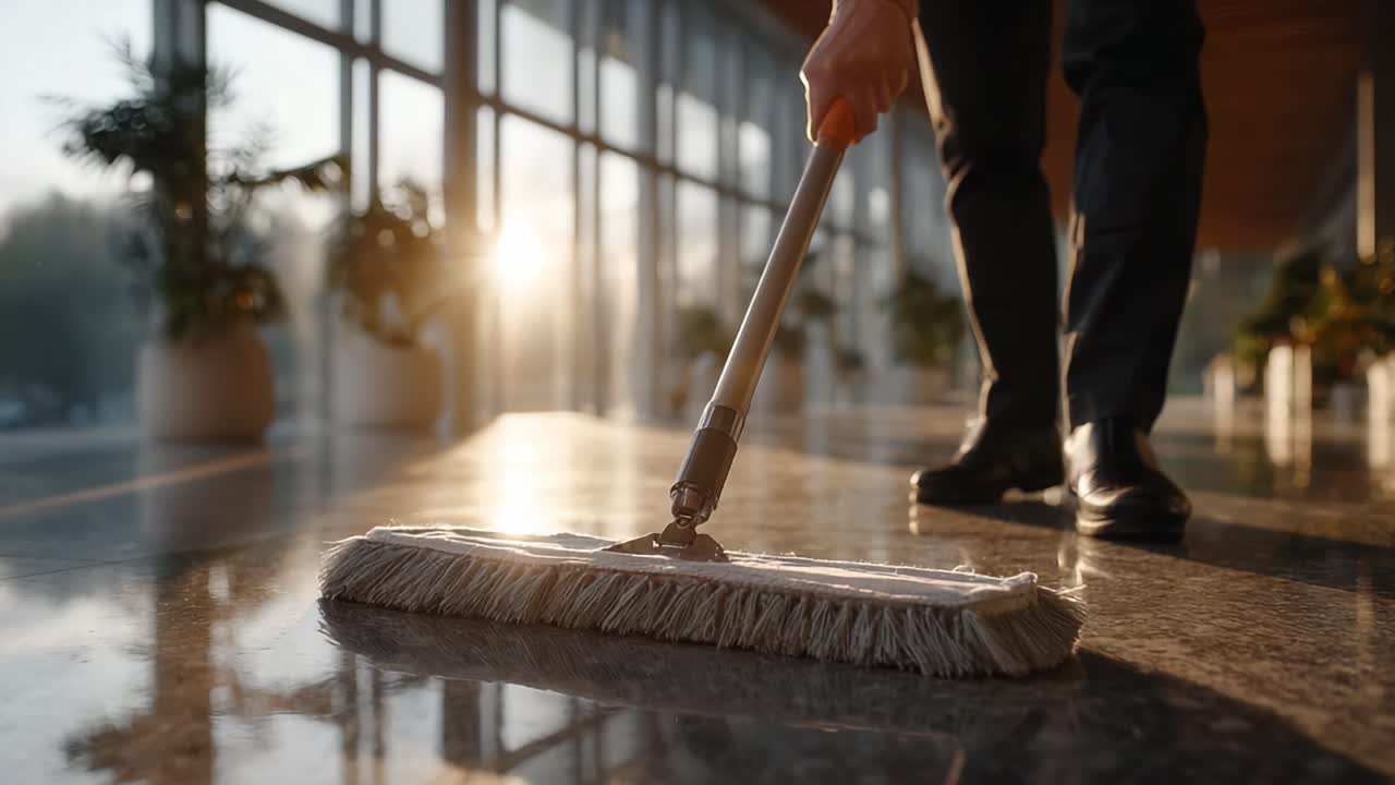 A Dedicated Sweeper Enhances the Ambiance of a Bright and Airy Space, Showcasing the Importance of Cleanliness in Modern Interior Environments