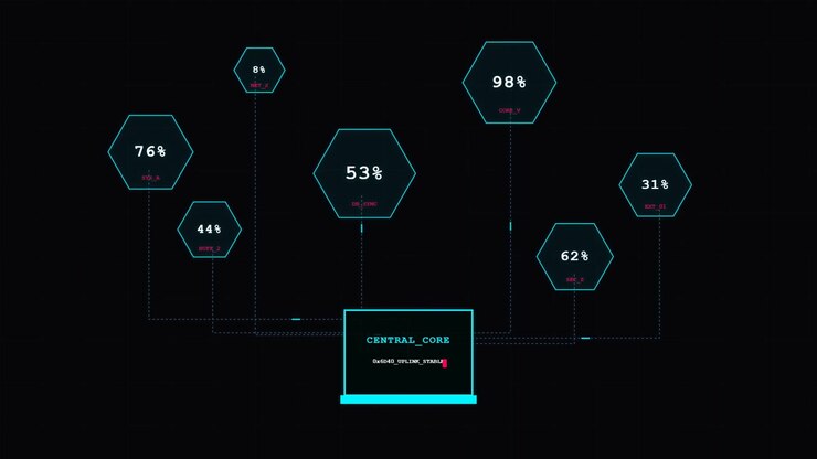 Futuristisch digitaal interface dat gegevensverwerking en systeemstatus weergeeft