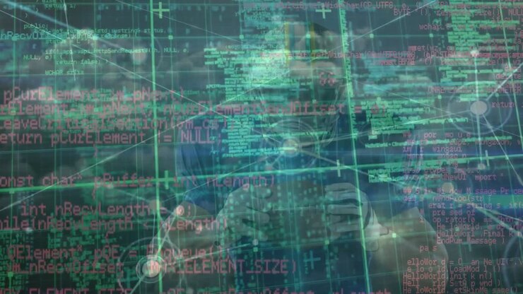 Animation af digital skærm og data over en kaukasisk mandlig amerikansk fodboldspiller