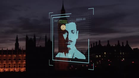 animation of biometric photo and data processing over london cityscape