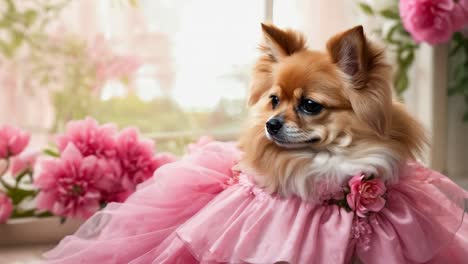 a small dog wearing a pink dress sitting on the floor