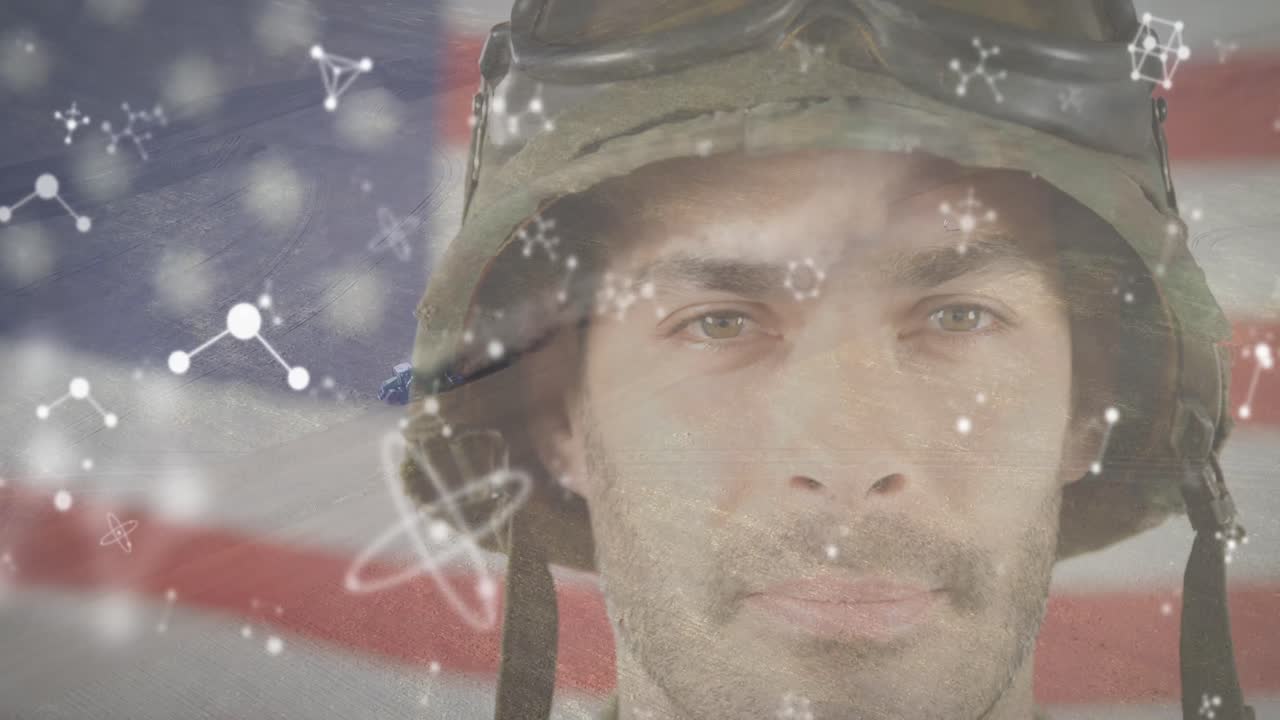 Animation of graphics rotating over portrait of caucasian young army soldier and landscape