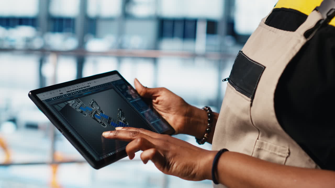 Photovoltaic smart factory specialist uses CAD software on tablet, close up