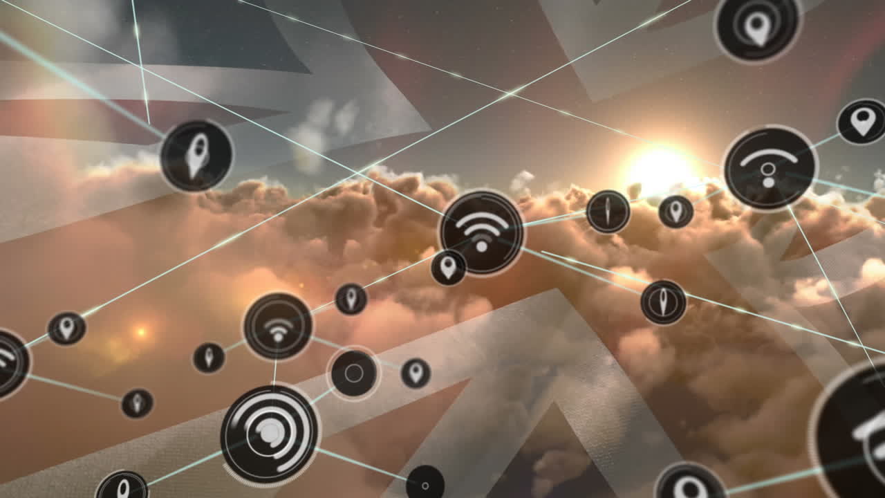 red de iconos digitales sobre la bandera del reino unido contra las nubes en el cielo