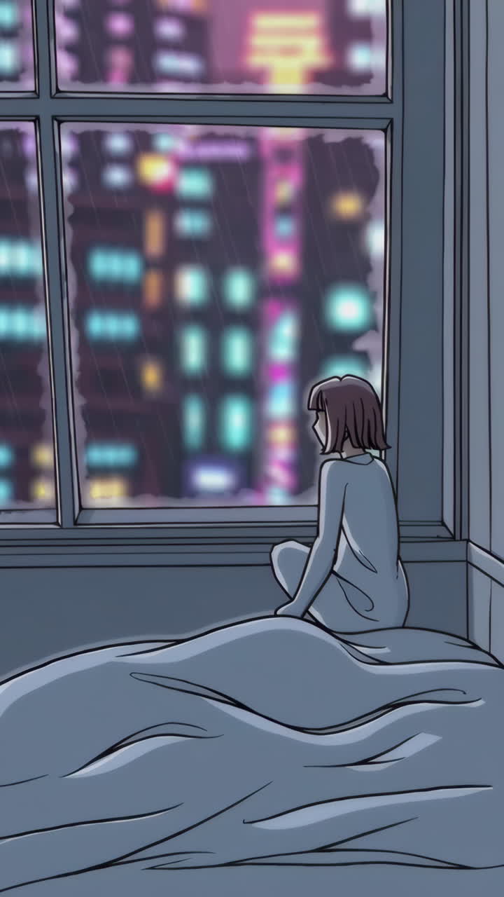 Vista Notturna della Città Sotto la Pioggia dalla Finestra della Camera da Letto