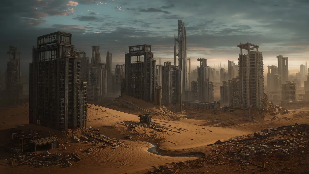 Fixed camera capturing view of desert dunes encroaching on ruined skyscrapers, to convey desolation