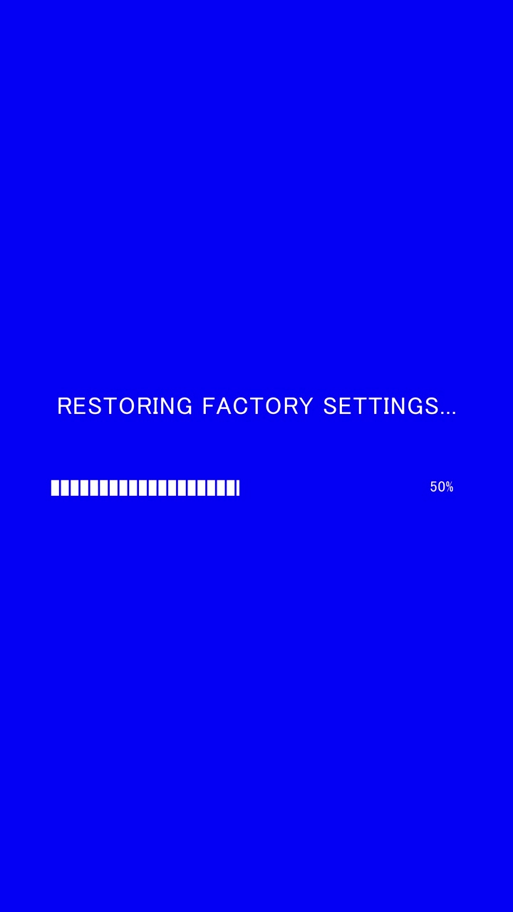 Vertical video of loading progress bar with on-screen text restoring factory settings on blue background