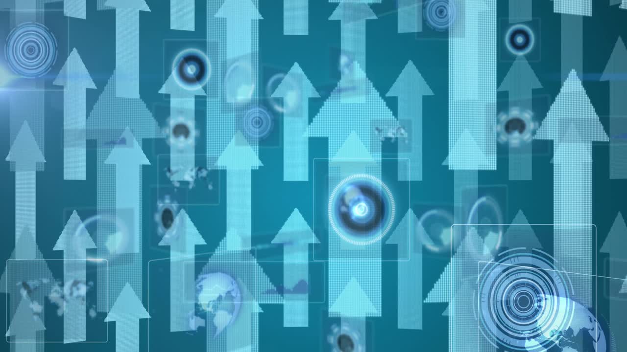 Animation of scopes scanning and data processing on screens over arrows pointing up
