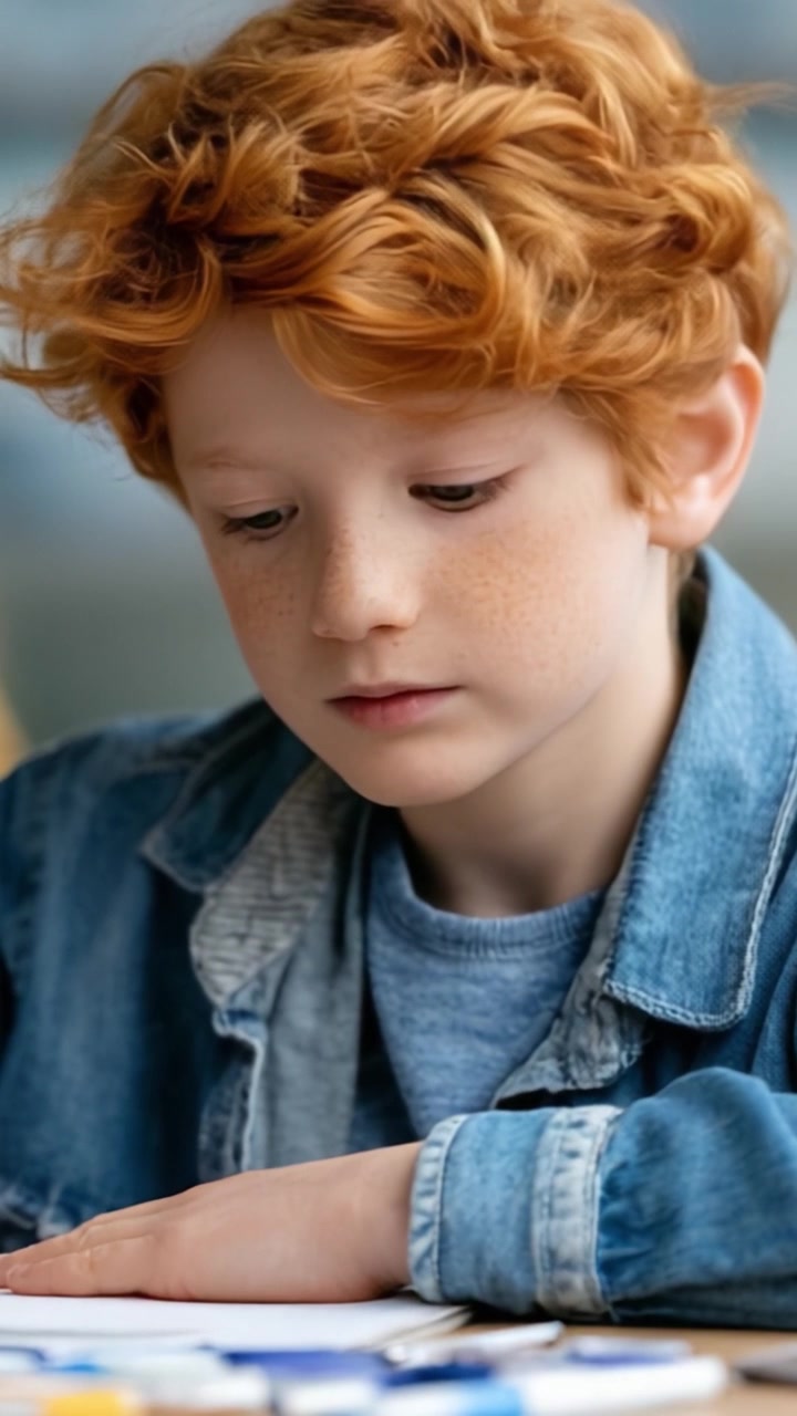 Un ragazzo pensieroso con i capelli rossi concentrato sulla sua opera d'arte a un tavolo in uno spazio luminoso e accogliente, che mette in mostra creatività e immaginazione in ogni tratto.