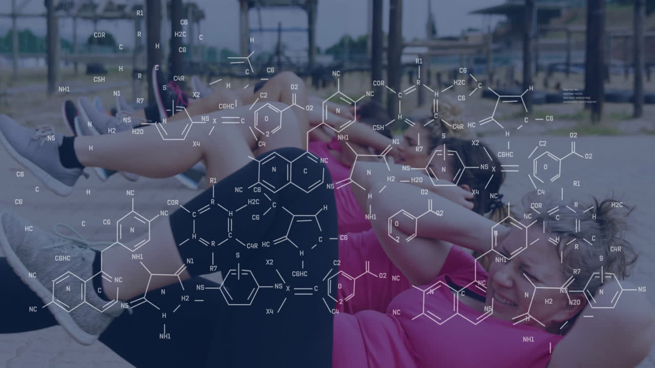 Exercising outdoors, people with chemical structure animation overlay in park