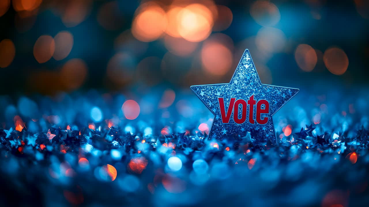 Blue glittering star with red Vote text sign. Festive blue star with the word Vote placed in blue and orange bokeh lights