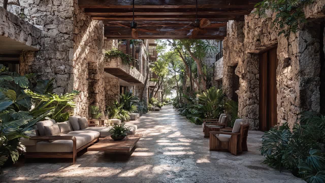 Exploring a Serene, Lush Courtyard Surrounded by Stone Architecture and Abundant Greenery in a Tranquil Natural Setting
