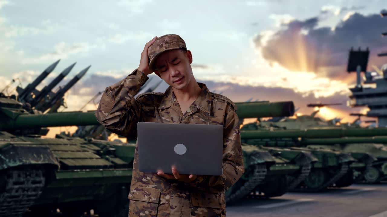 Soldato asiatico usa un laptop e ha mal di testa mentre è in piedi accanto a un carro armato