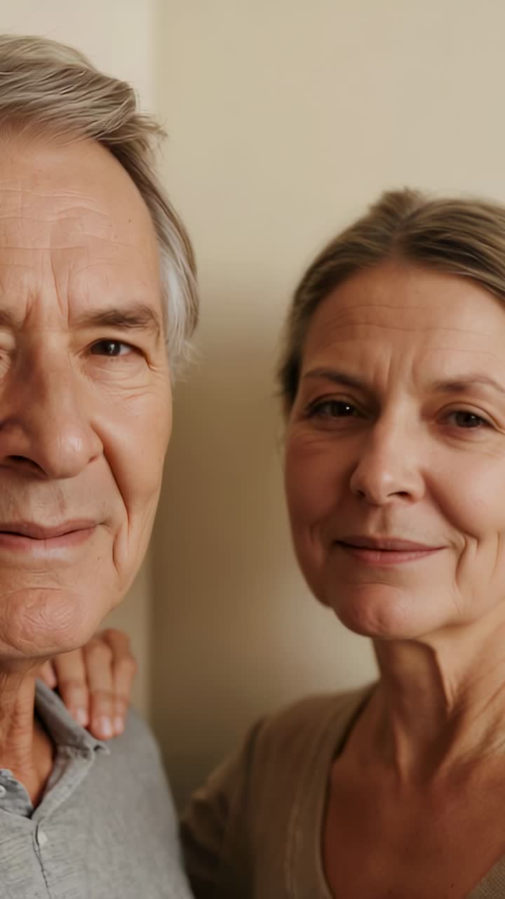 Vertical video: Recording senior duo posing closing eyes relaxing smiling at home hand on shoulder