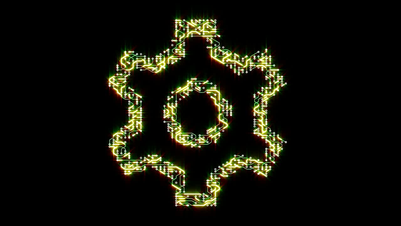 4k futuristic circuit board with moving electrons shaped gear symbol,electronic connections.
