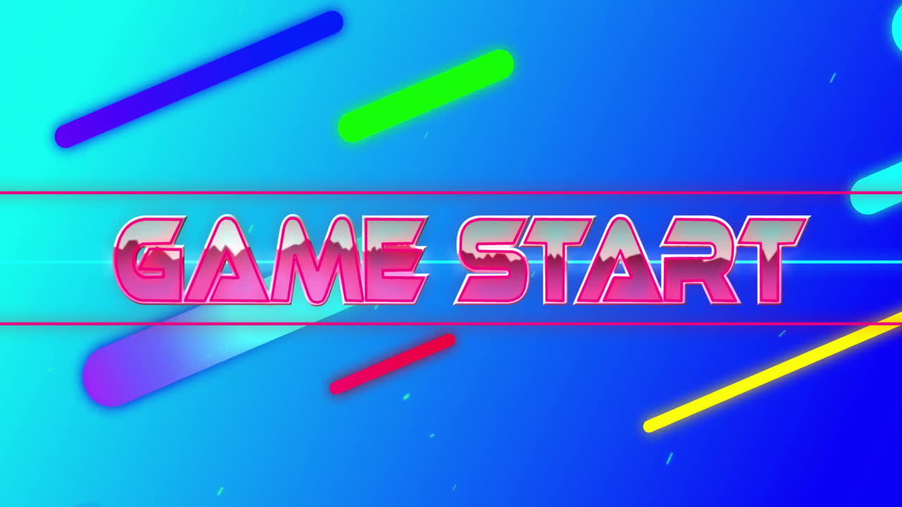 Animazione del testo "Game Start" in lettere metalliche rosa su forme astratte su sfondo blu