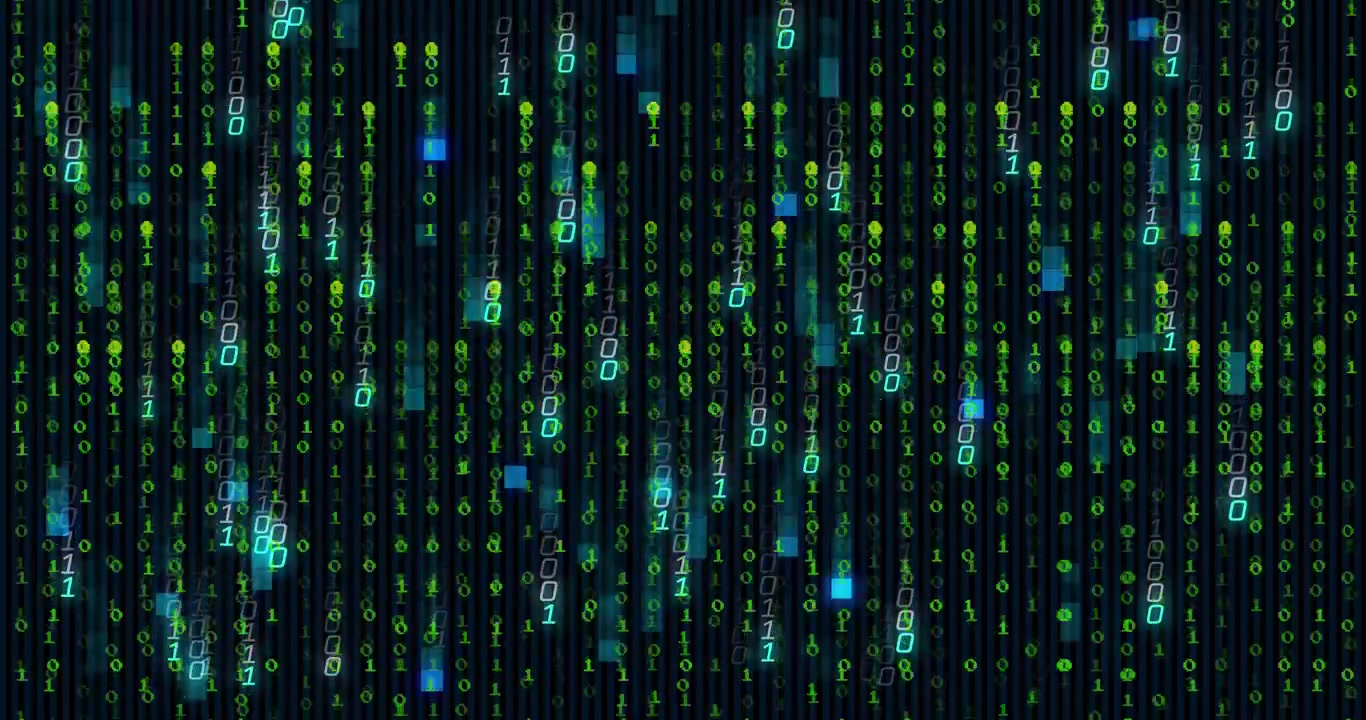 Sparse green binary digits appearing, falling with teal blocks clustering representing data flow