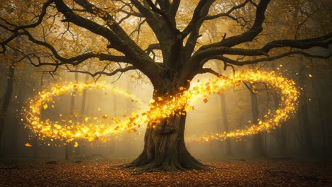 a majestic tree surrounded by a glowing infinity of autumn leaves, capturing the essence of nature's beauty in a magical forest setting