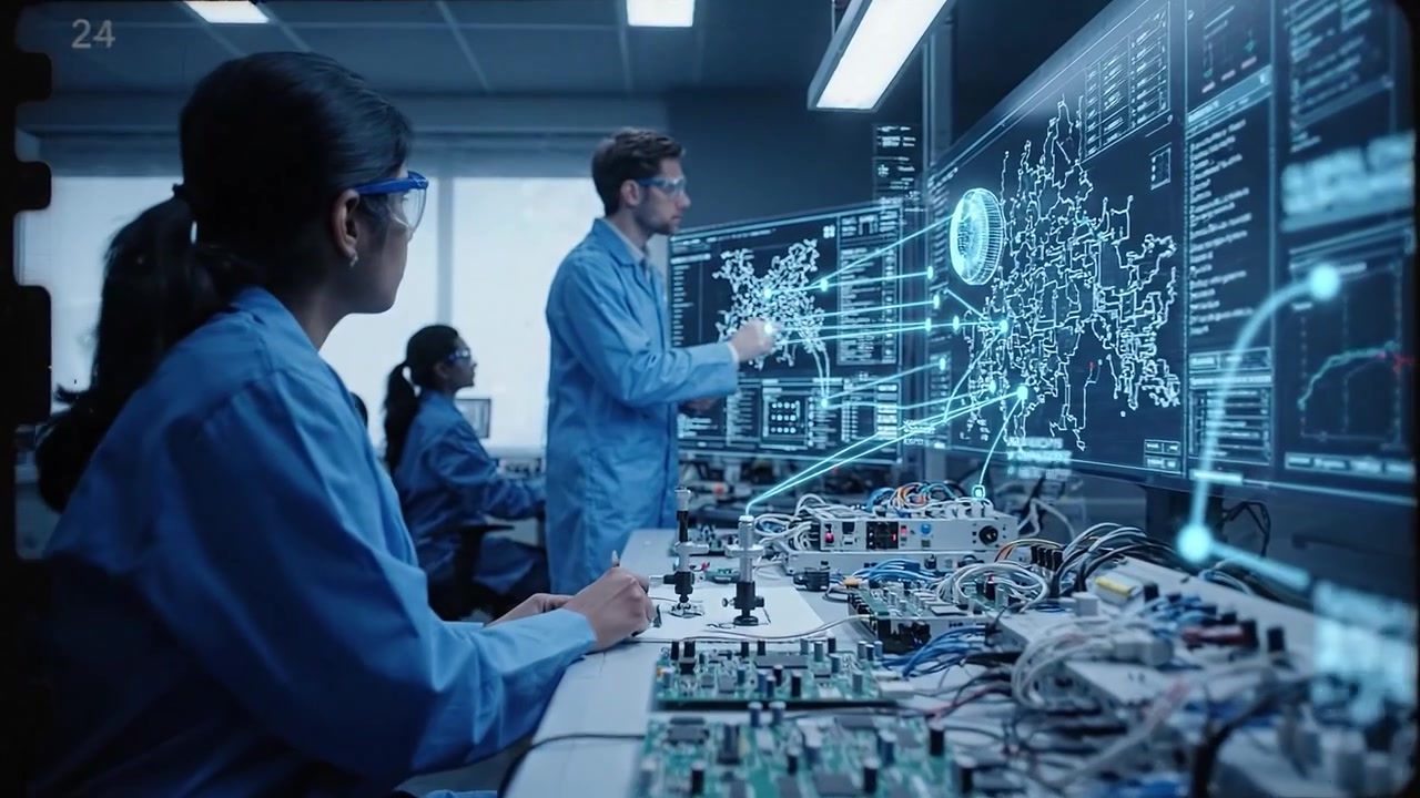 Female Engineer Working on Circuit Board in High-Tech Lab with Digital Interface
