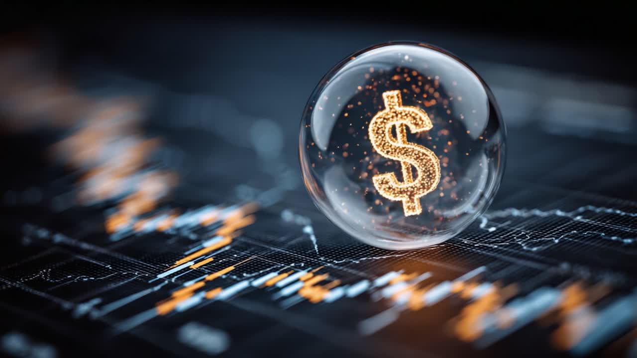 En fengslende visualisering av rikdom: Et opplyst dollartegn innkapslet i en gjennomsiktig kule på en dynamisk finansiell grafbakgrunn.