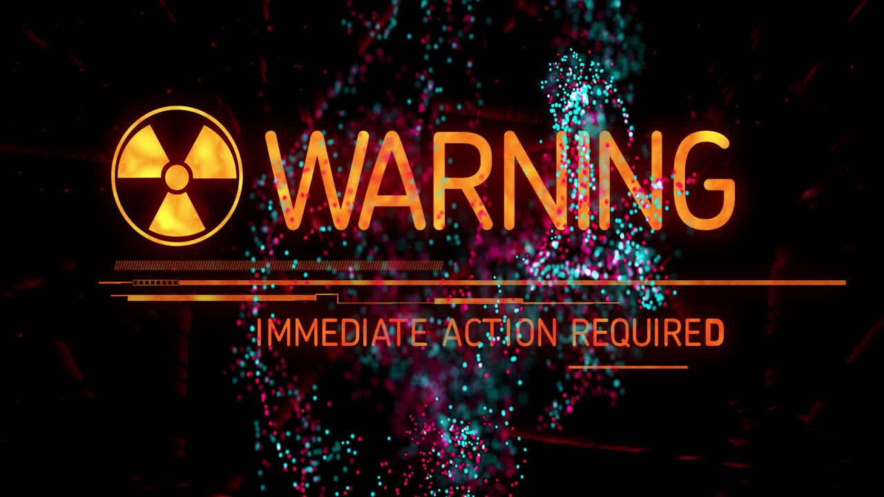 Warning sign with radioactive symbol and text Immediate Action Required in animation