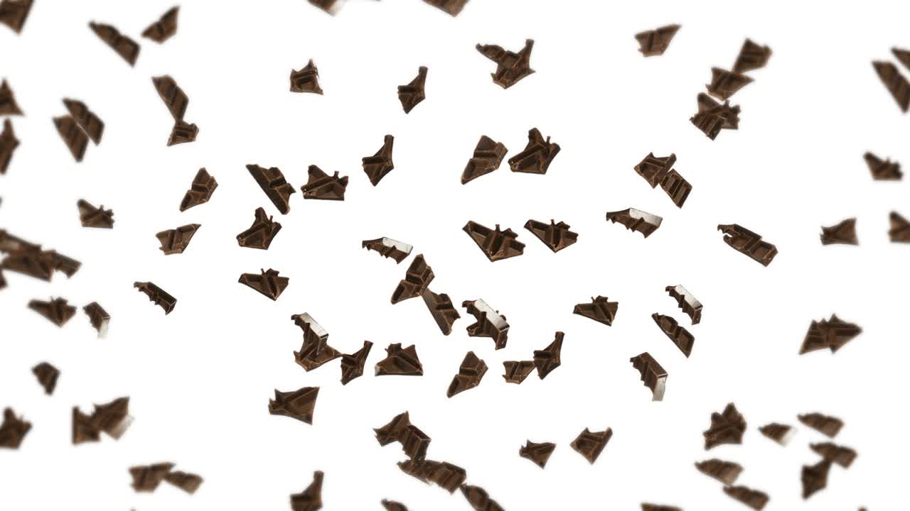 검은 바탕에 많은 초콜릿 조각을 날아. 음식과 과자. 우유와 어두운. 초콜릿 회전의 3d 루프 애니메이션.