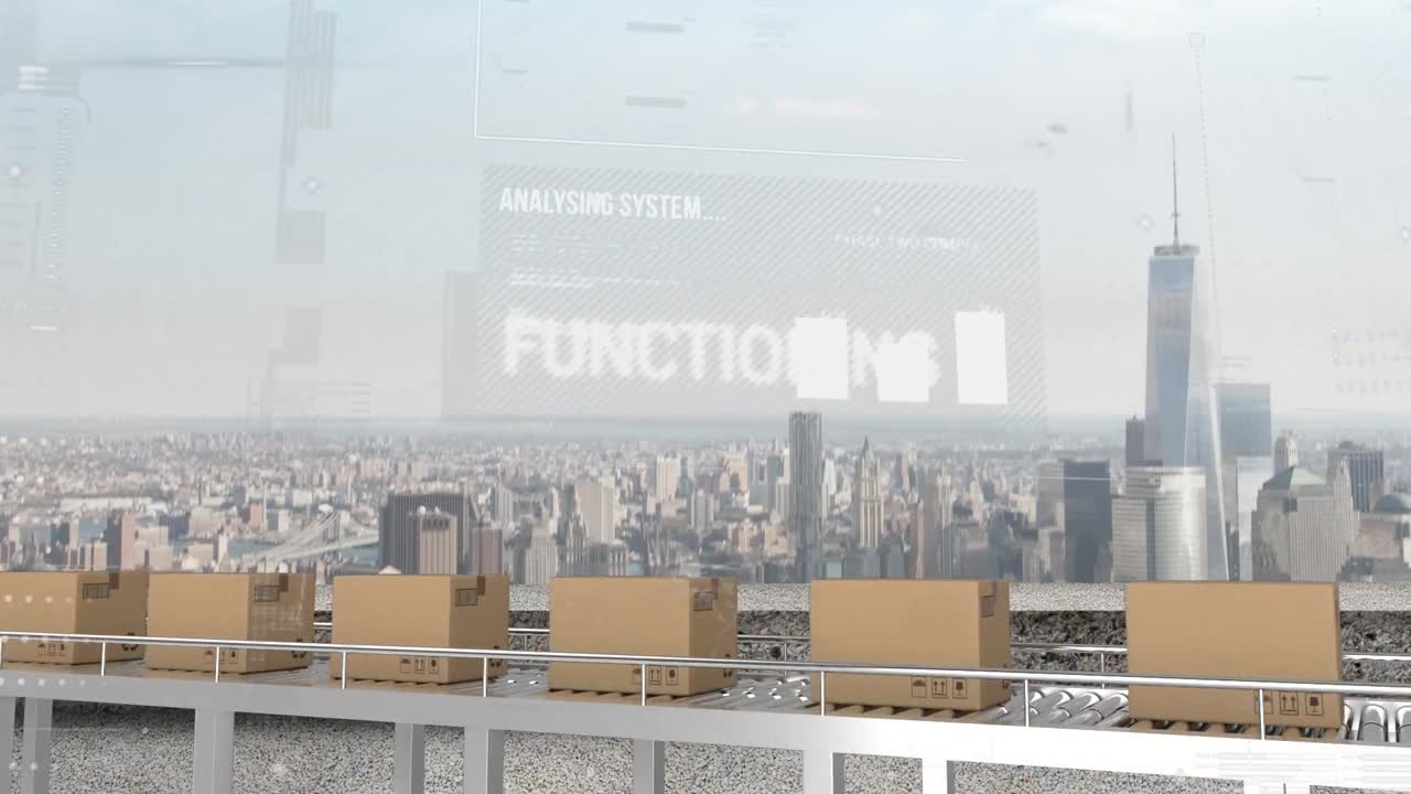 컨베이어 벨트와 도시 풍경에 있는 상자 위의 금융 데이터 처리 애니메이션