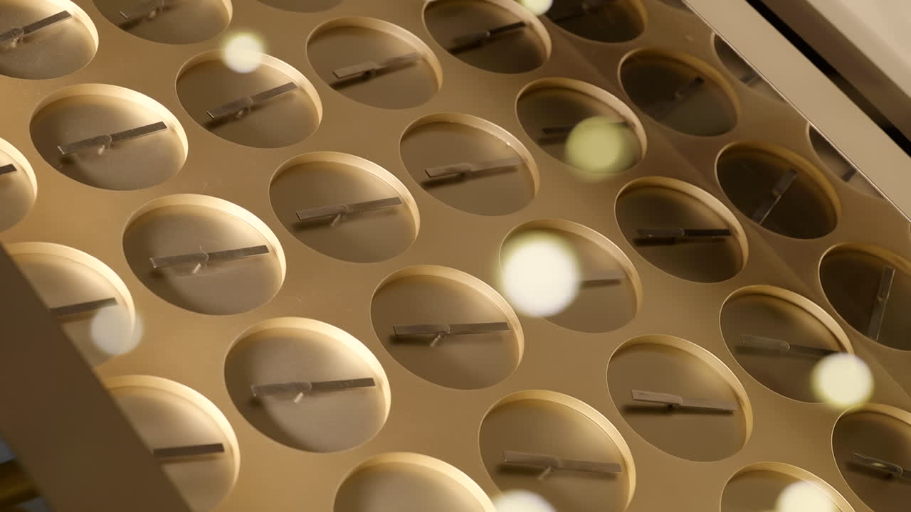 보케 조명이 있는 여러 개의 간단한 시계 아트워크가 고급 시계 매장에 걸려 있는 패턴을 만드는 느린 패닝 샷