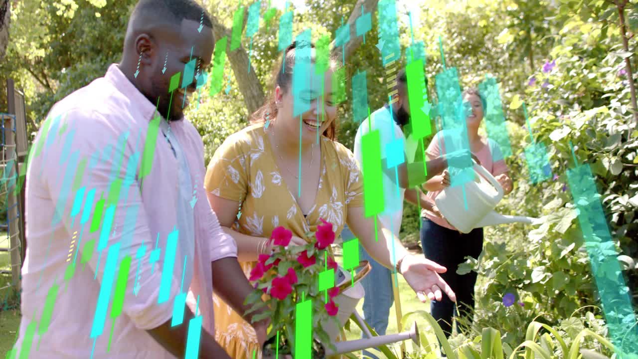 Group of four gardening, lifting green can, pouring and inspecting flowers, cyan overlays educating