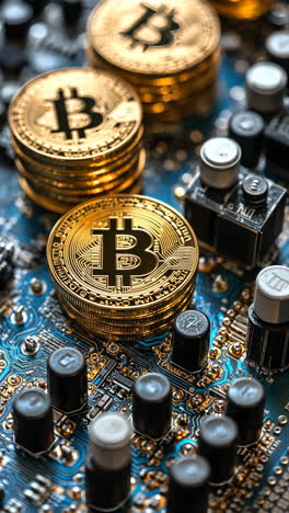 bitcoin coins on a circuit board showcasing cryptocurrency technology