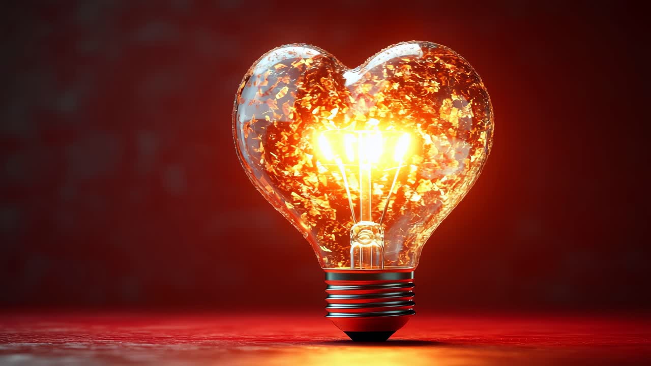 Heart-shaped light bulb glowing brightly. A heart-shaped light bulb illuminates a dark background, creating a warm and inviting atmosphere.